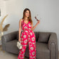 Noroke Red Floral Print Linen Red Floral Cut-out Jumpsuit | Swadesiicart