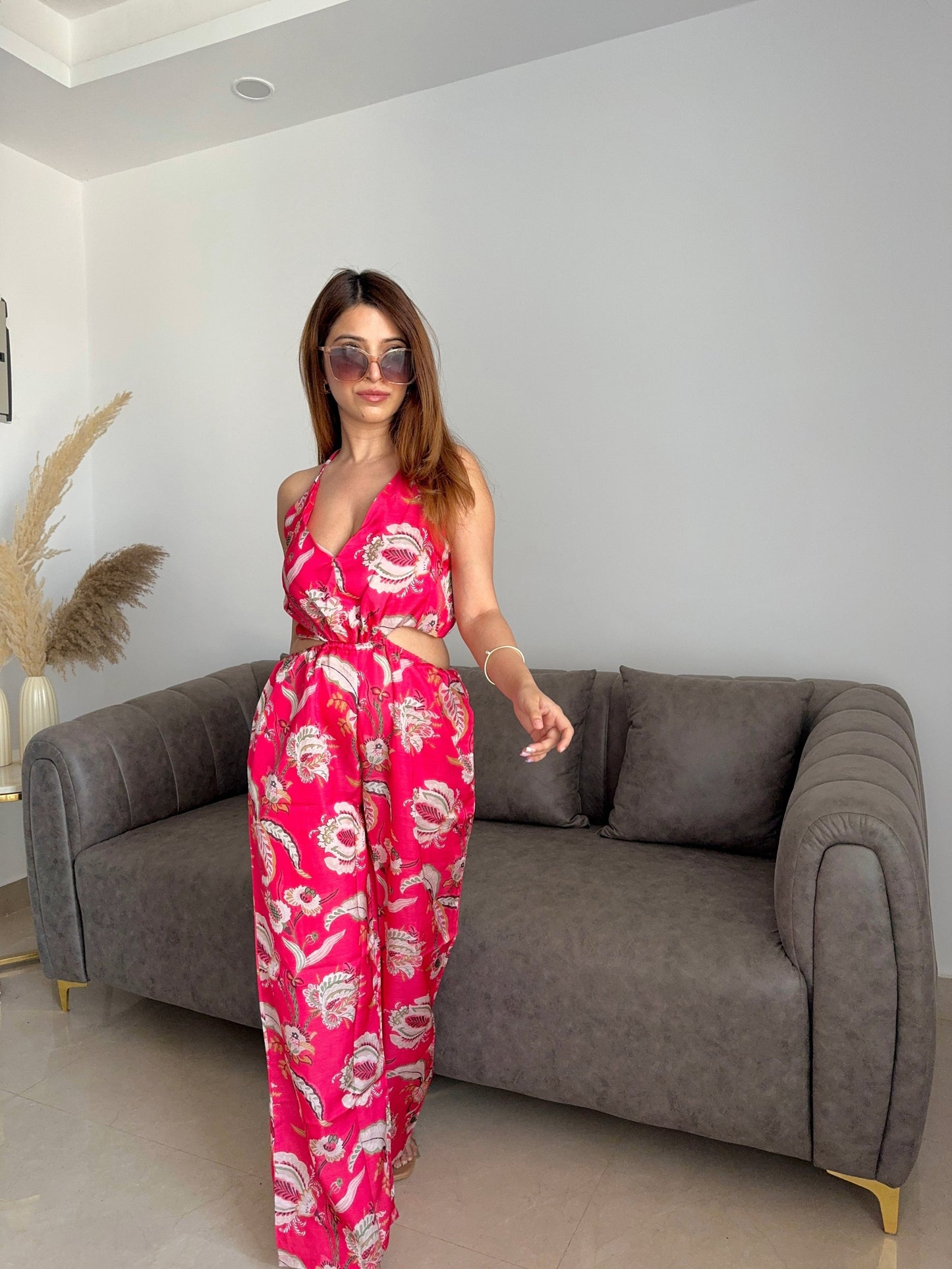 Noroke Red Floral Print Linen Red Floral Cut-out Jumpsuit | Swadesiicart
