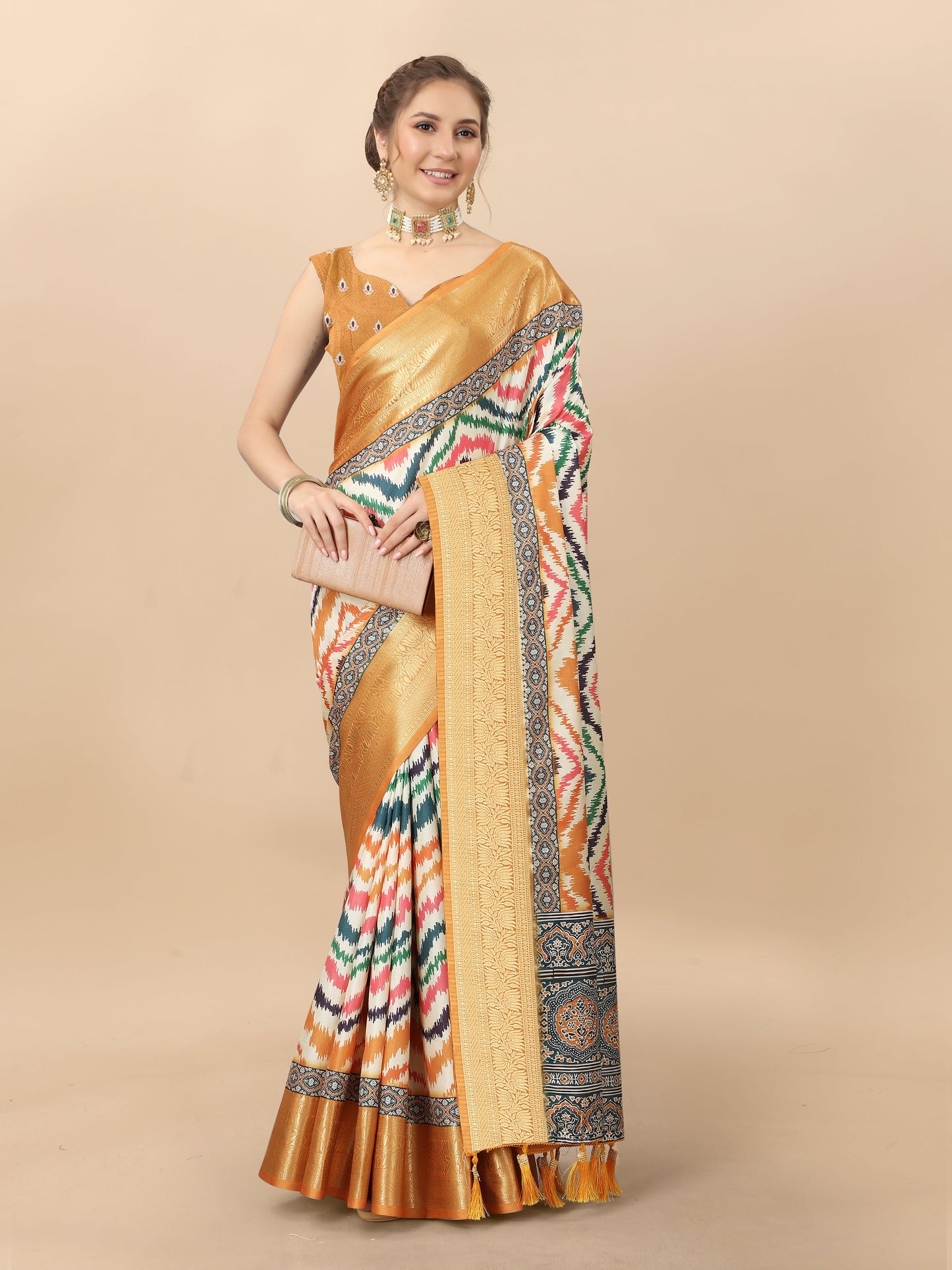Lorenvalley Fashion Charming Zigzag Digital Print Saree With Heavy Rich Zari Border & Blouse - Mutlicolor - Swadesiicart
