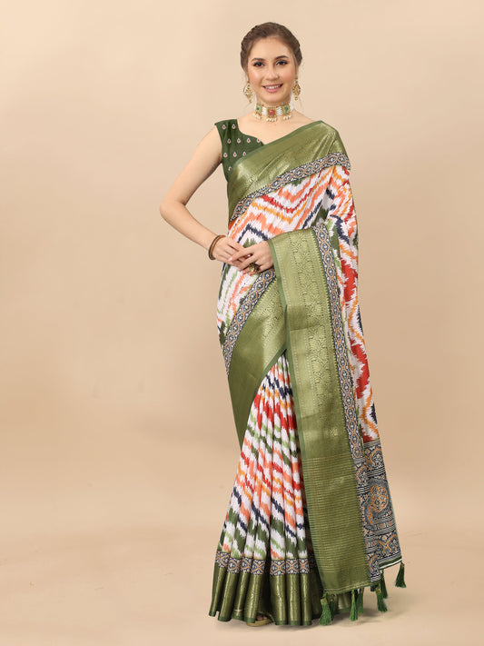 Lorenvalley Fashion Charming Zigzag Digital Print Saree With Heavy Rich Zari Border & Blouse - Mutlicolor - Swadesiicart