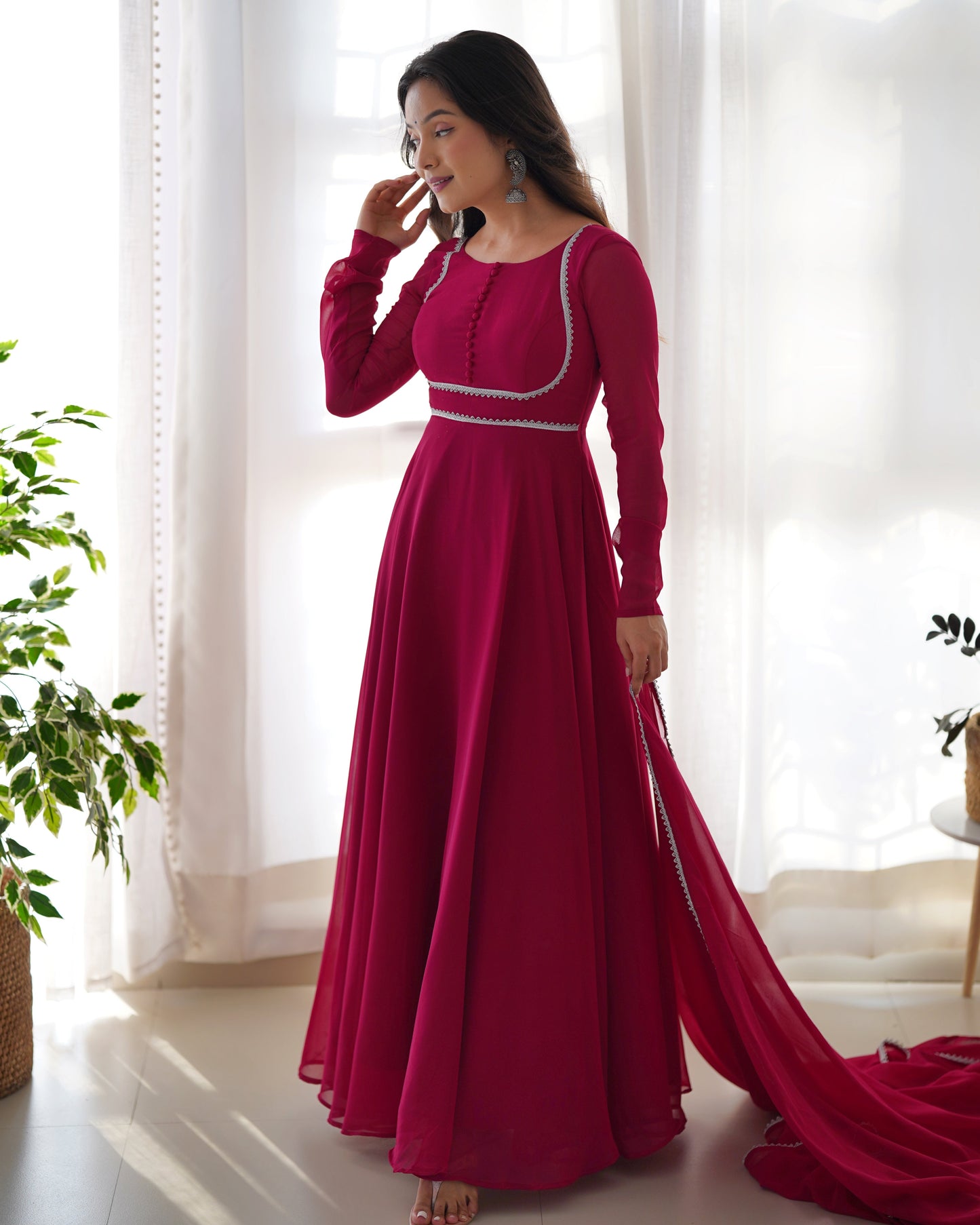 Lorenvalley Fashion Pink Georgette Anarkali Gown Dupatta Set With Pant Ready to Wear - Pink | Swadesiicart