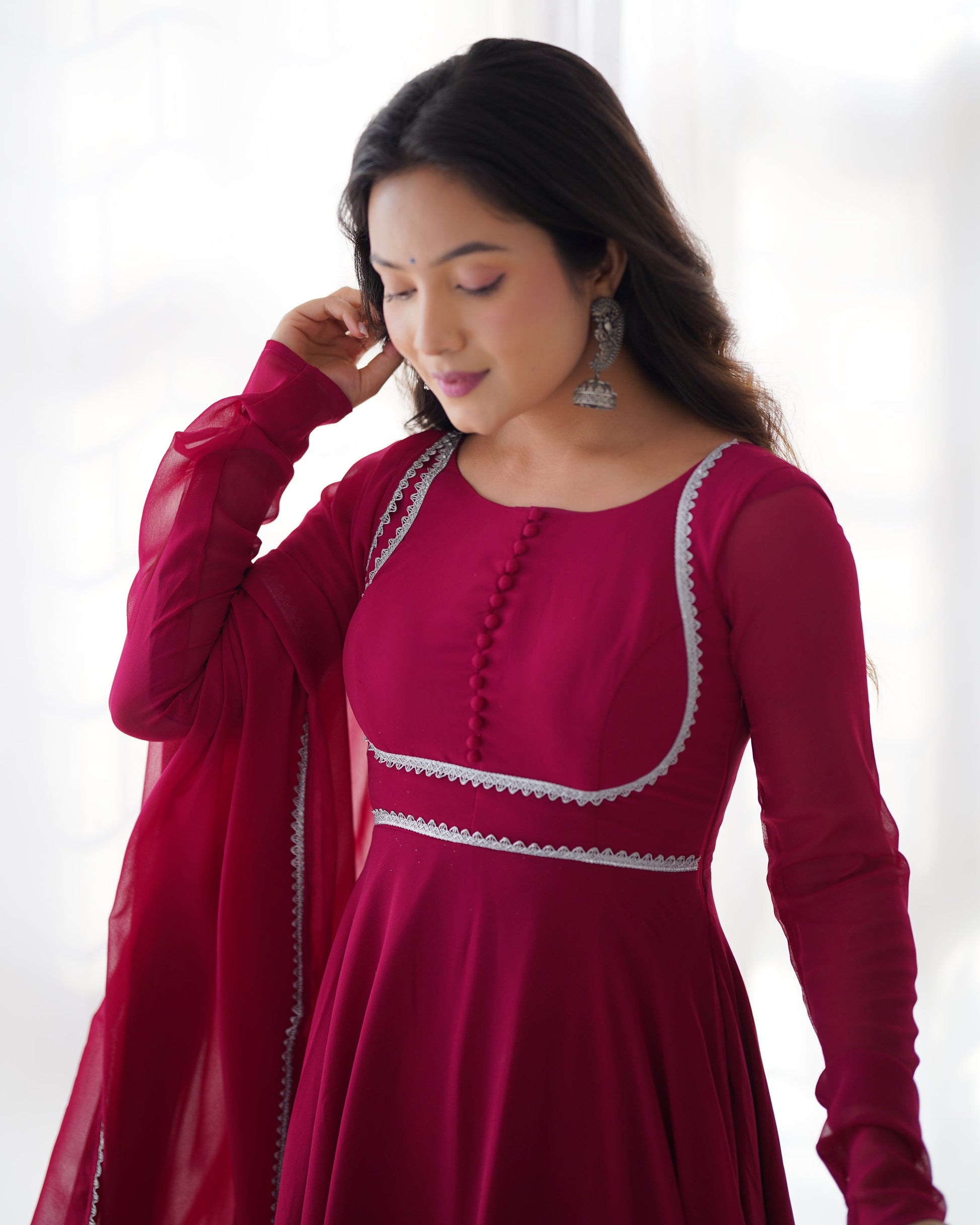 Lorenvalley Fashion Pink Georgette Anarkali Gown Dupatta Set With Pant Ready to Wear - Pink | Swadesiicart