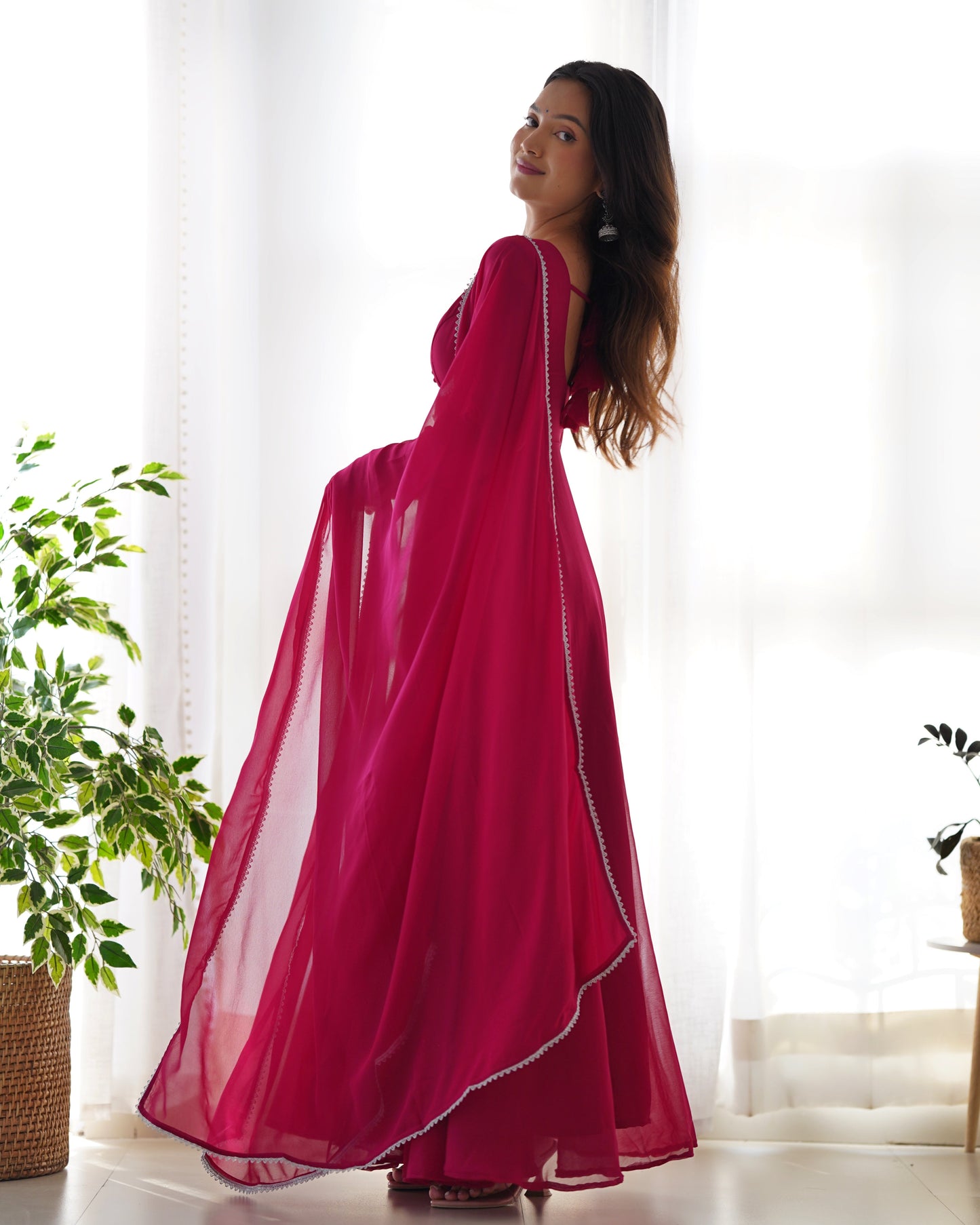 Lorenvalley Fashion Pink Georgette Anarkali Gown Dupatta Set With Pant Ready to Wear - Pink | Swadesiicart