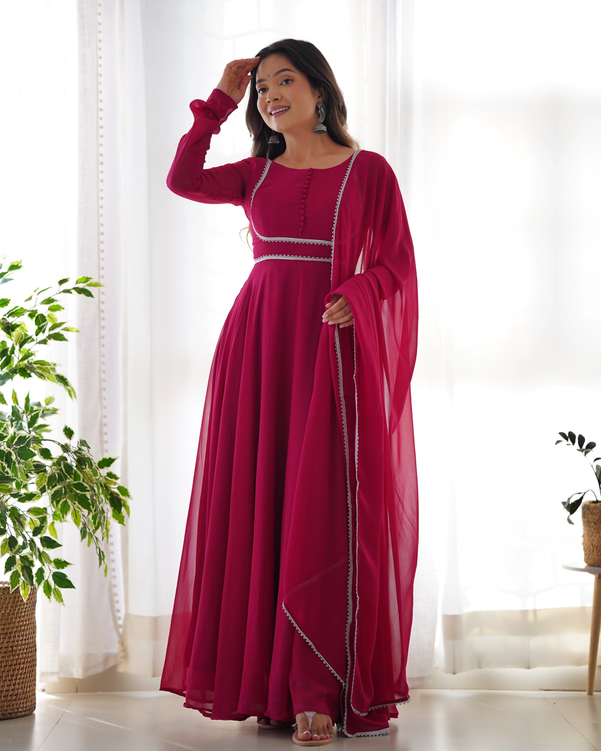 Lorenvalley Fashion Pink Georgette Anarkali Gown Dupatta Set With Pant Ready to Wear - Pink | Swadesiicart