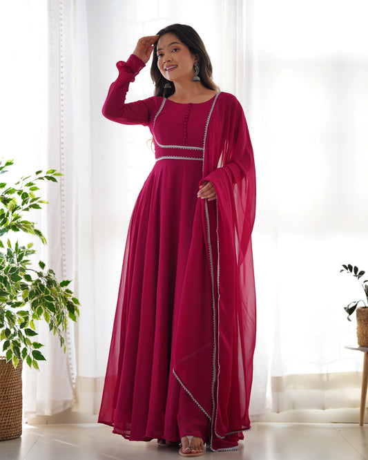 Lorenvalley Fashion Pink Georgette Anarkali Gown Dupatta Set With Pant Ready to Wear - Pink | Swadesiicart