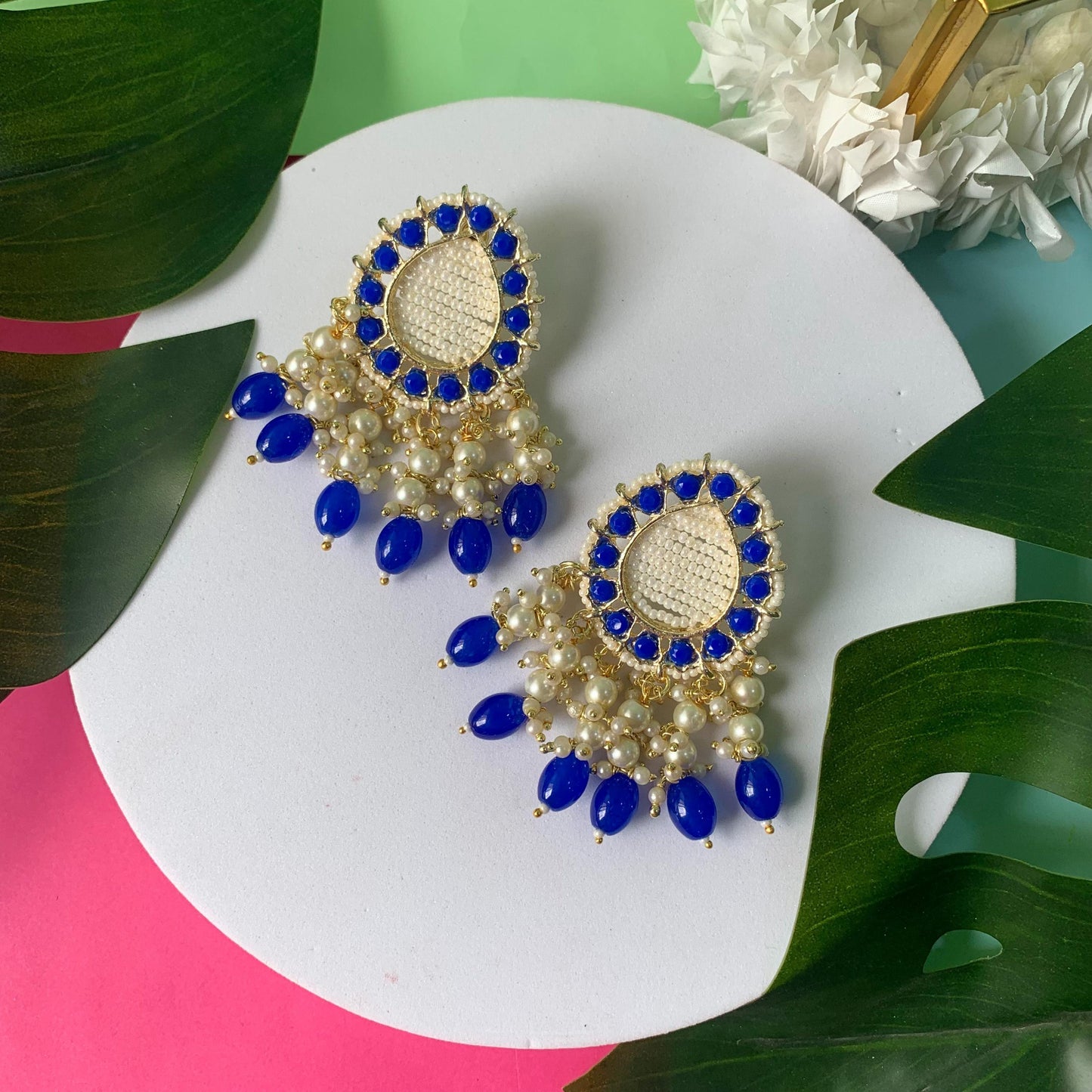 Gold-Polished Traditional Kundan Studded Pearl Drop Earrings For Women/Girls - Wahe Jewels - Swadesiicart