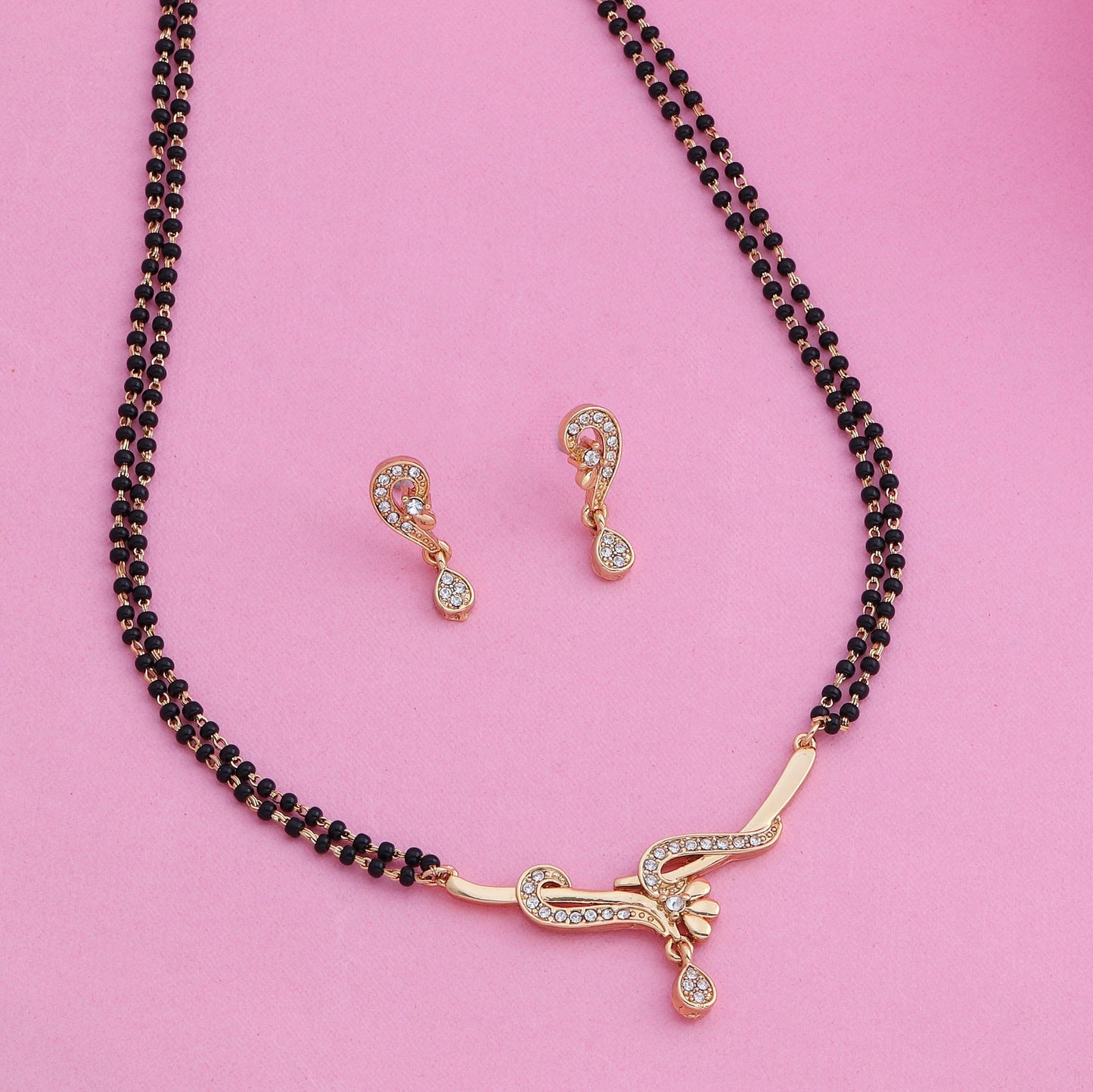 Estele Gold-Polished Twine Braid Mangalsutra Necklace Set with White Austrian Crystals for Women | Swadesiicart