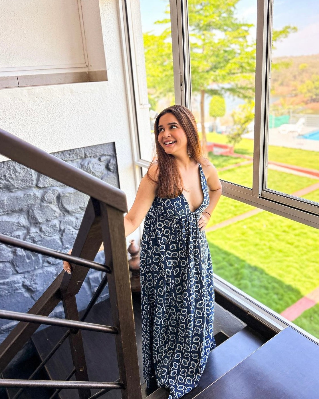 trueBrowns Indigo Dabu Floral Print Cotton Sleeveless Dress | Swadesiicart