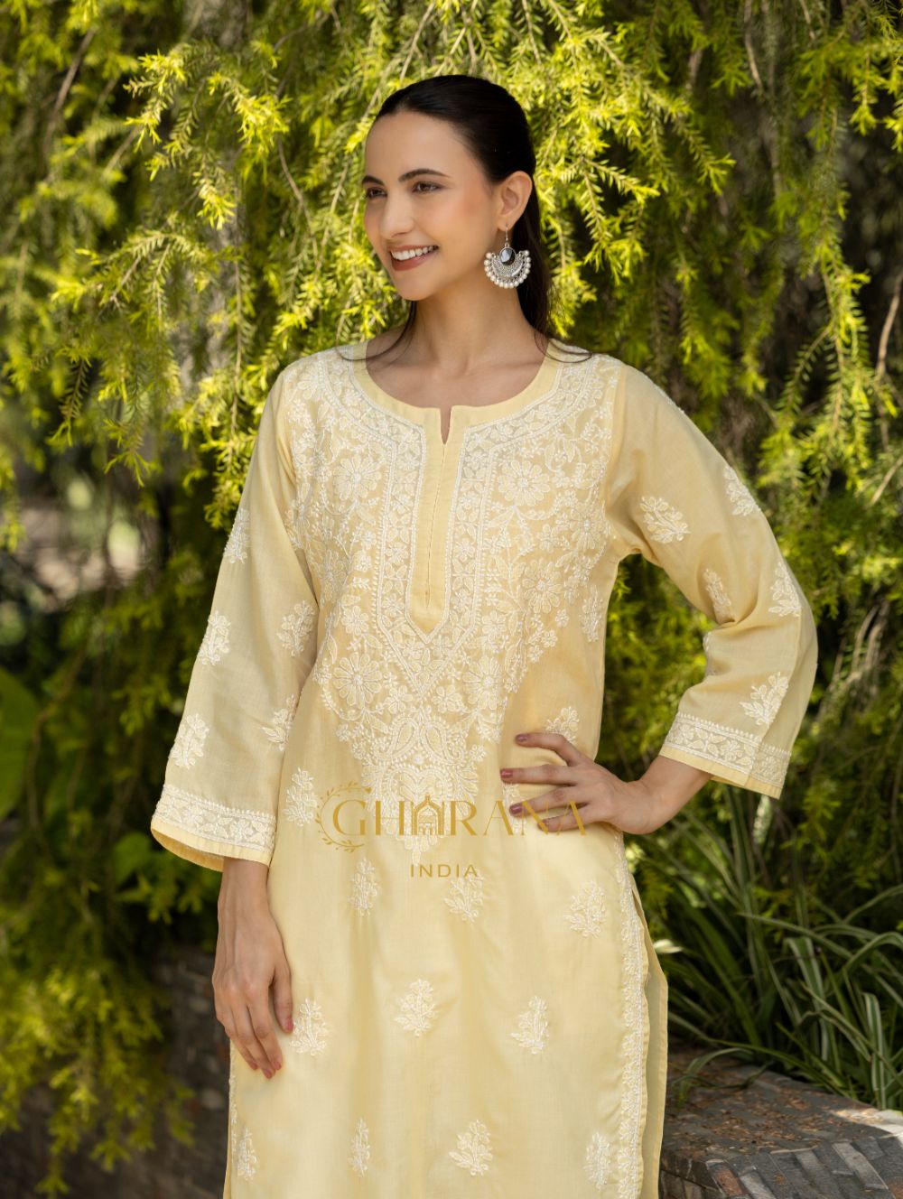 Gharana India Sahiba Chikankari Pastel Yellow Cotton Kurta With Bakhiya Work | Swadesiicart