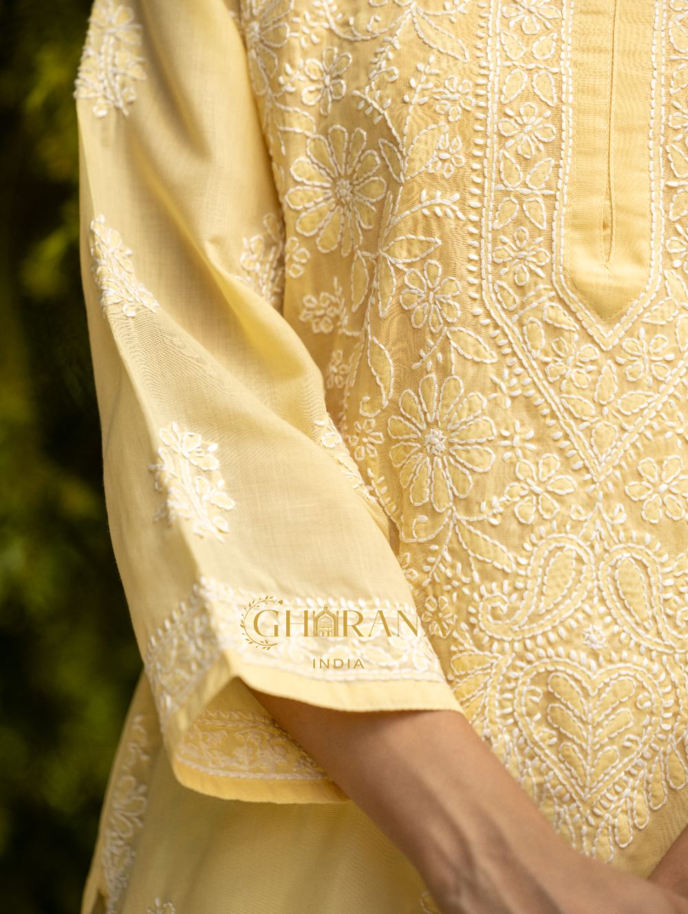 Gharana India Sahiba Chikankari Pastel Yellow Cotton Kurta With Bakhiya Work | Swadesiicart
