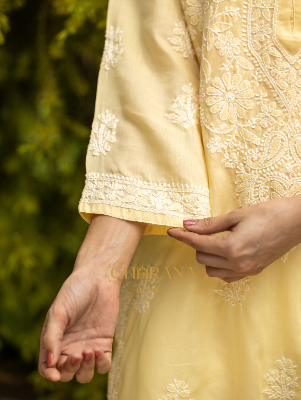 Gharana India Sahiba Chikankari Pastel Yellow Cotton Kurta With Bakhiya Work | Swadesiicart