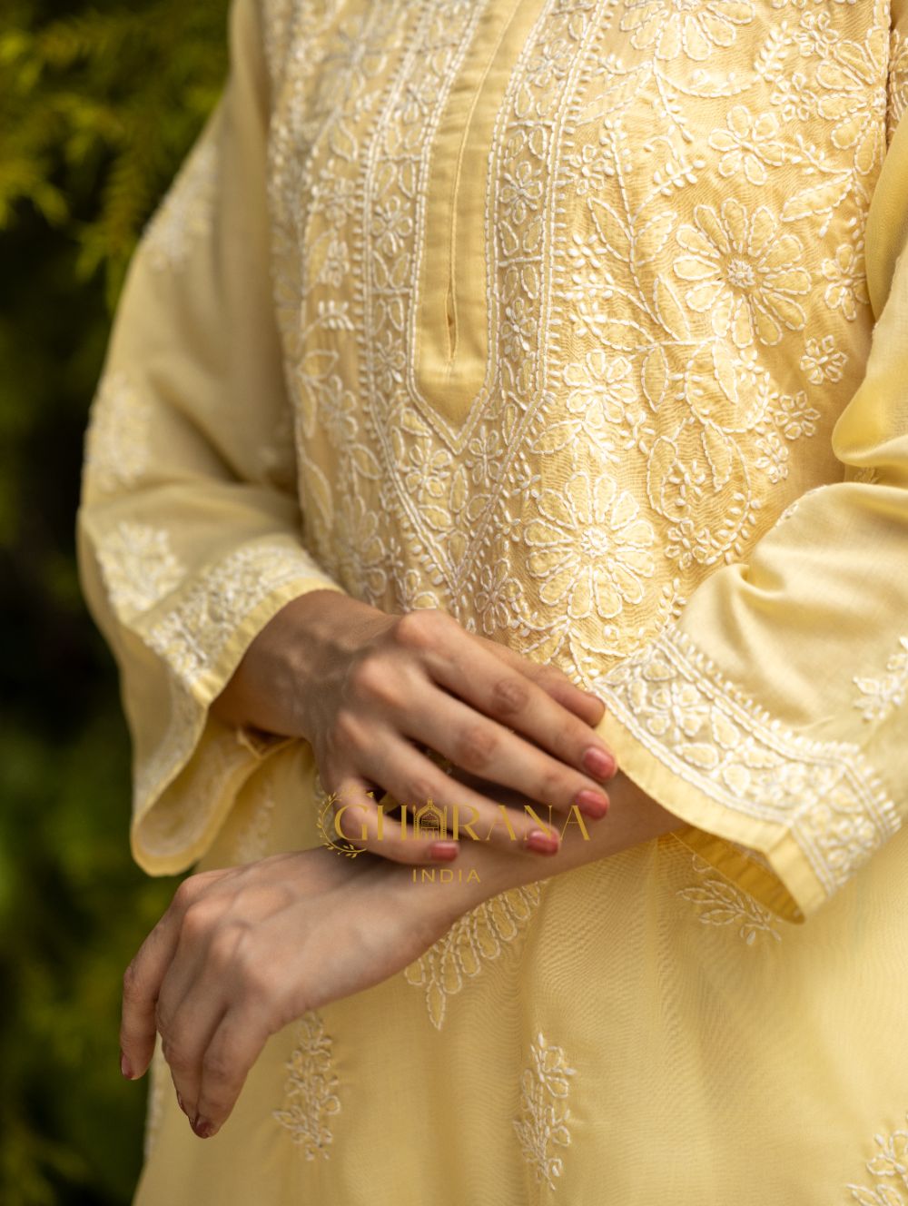 Gharana India Sahiba Chikankari Pastel Yellow Cotton Kurta With Bakhiya Work | Swadesiicart