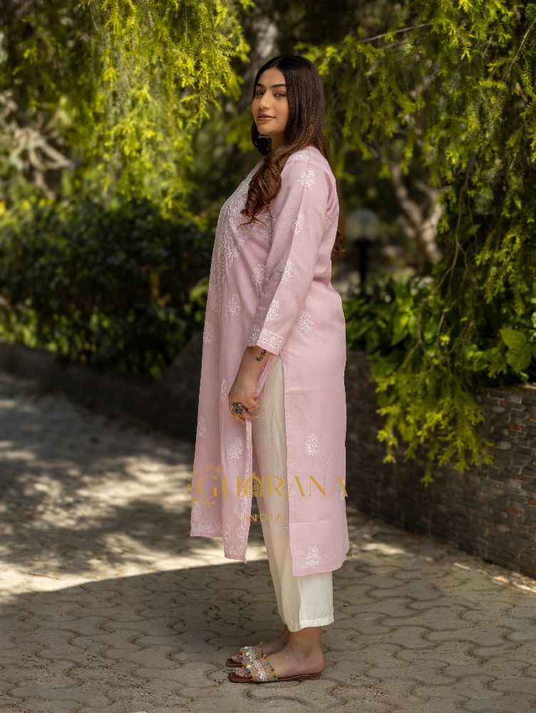 Gharana India Sahiba Chikankari Light Pink Cotton Kurta With Bakhiya Work | Swadesiicart