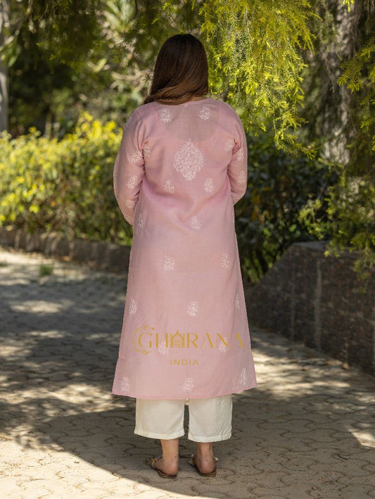 Gharana India Sahiba Chikankari Light Pink Cotton Kurta With Bakhiya Work | Swadesiicart