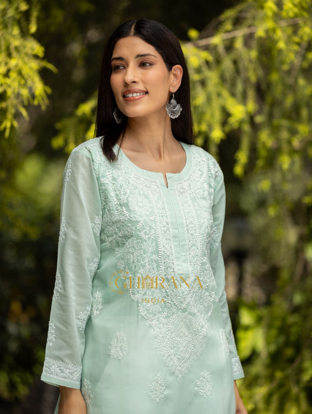Gharana India Sahiba Chikankari Pastel Green Cotton Kurta With Bakhiya Work | Swadesiicart