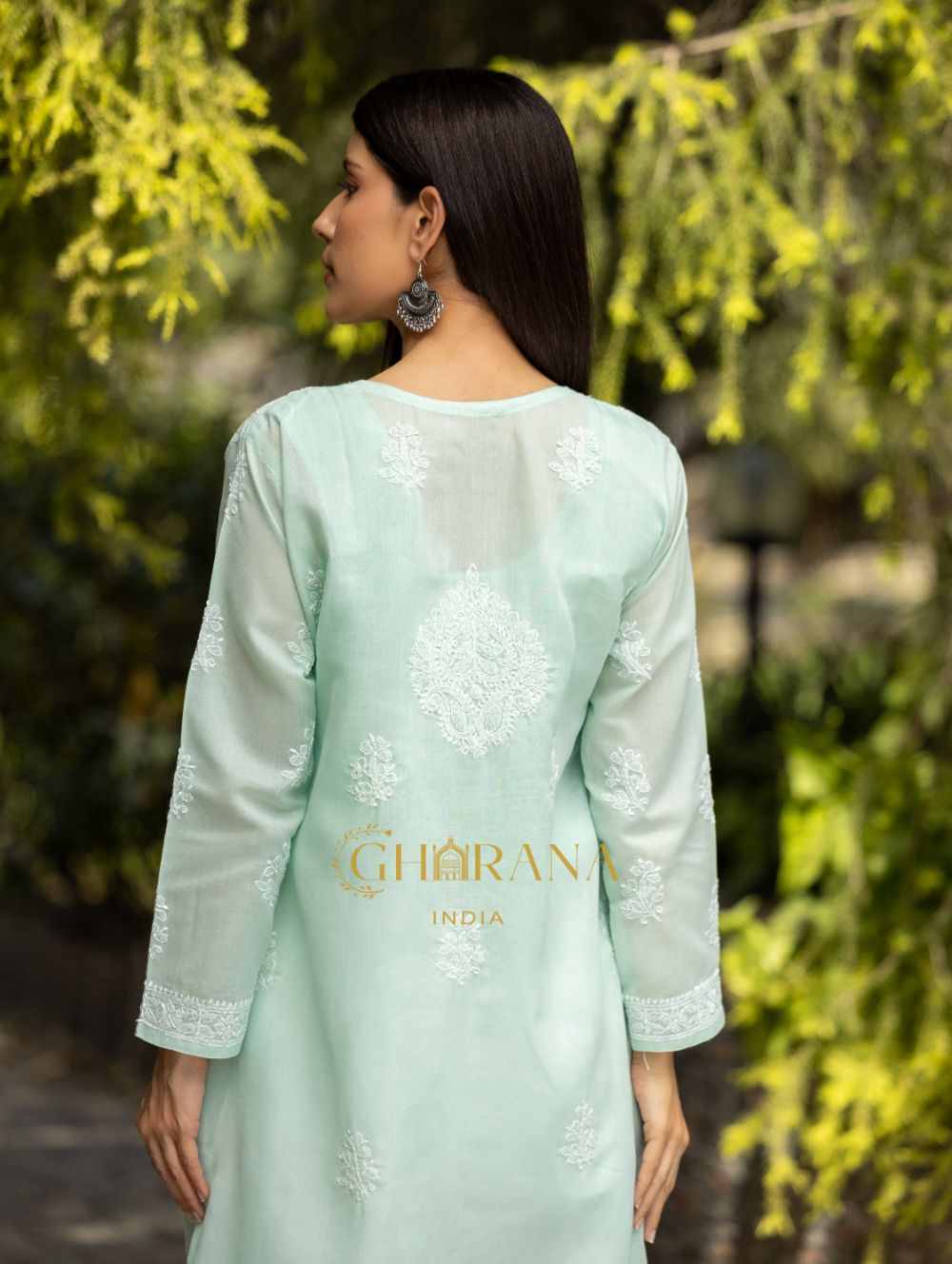 Gharana India Sahiba Chikankari Pastel Green Cotton Kurta With Bakhiya Work | Swadesiicart