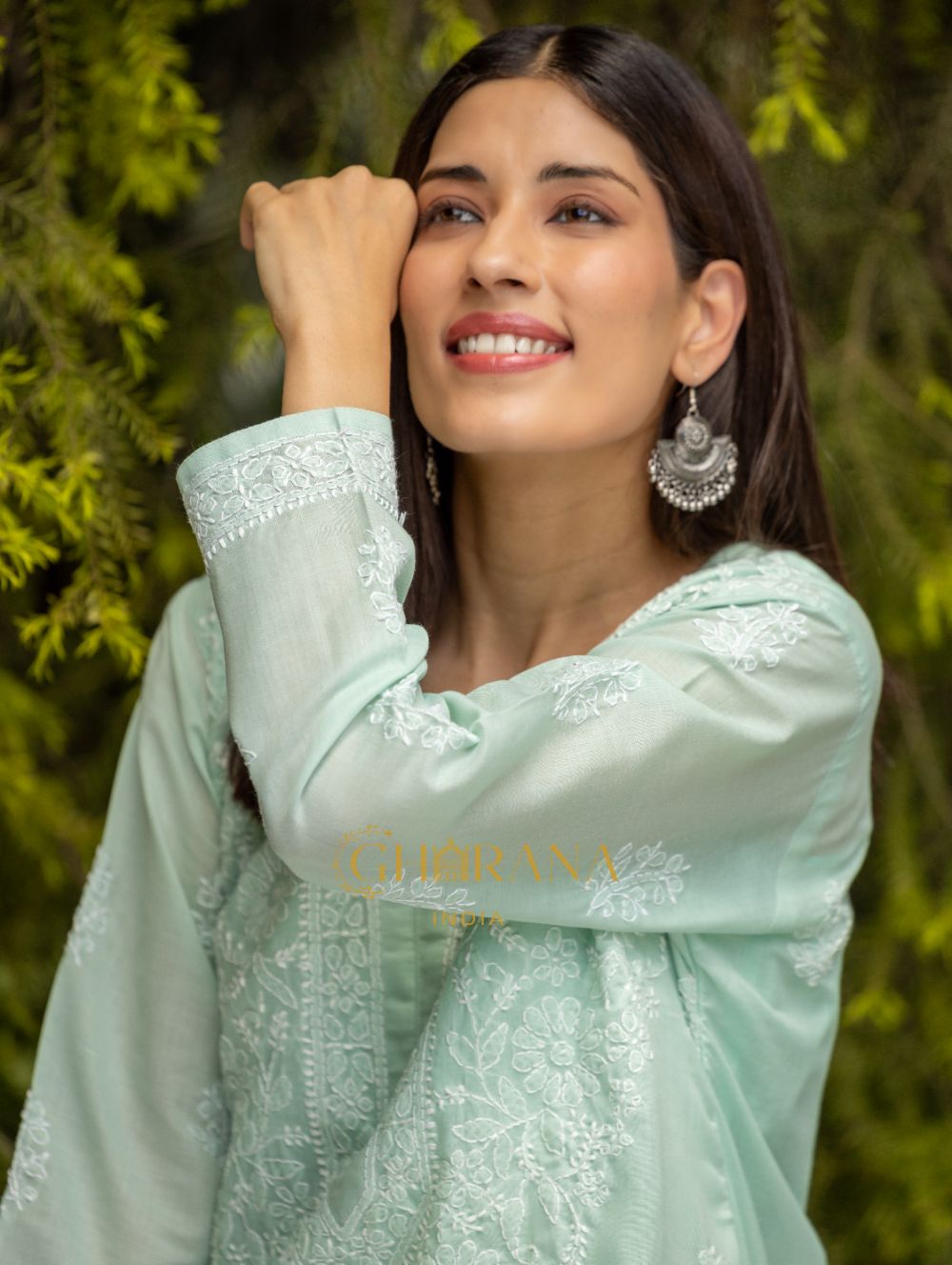 Gharana India Sahiba Chikankari Pastel Green Cotton Kurta With Bakhiya Work | Swadesiicart