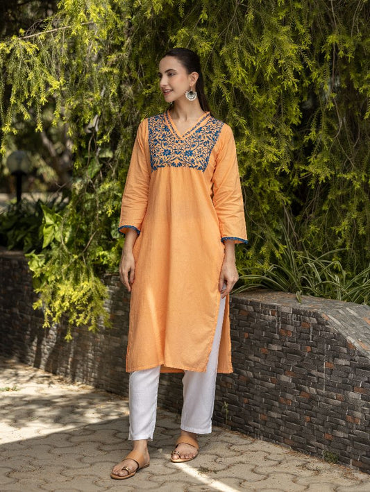 Gharana India Mul Cotton Blush Orange Kurta With Fine Chikankari In Blue Thread | Swadesiicart