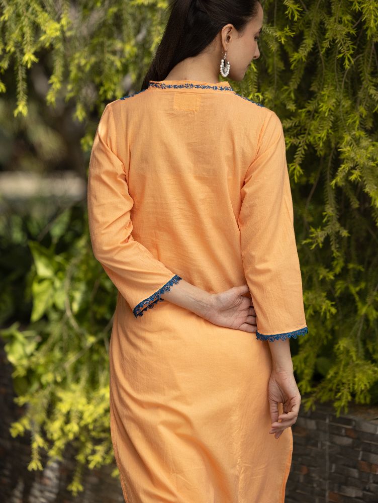 Gharana India Mul Cotton Blush Orange Kurta With Fine Chikankari In Blue Thread | Swadesiicart