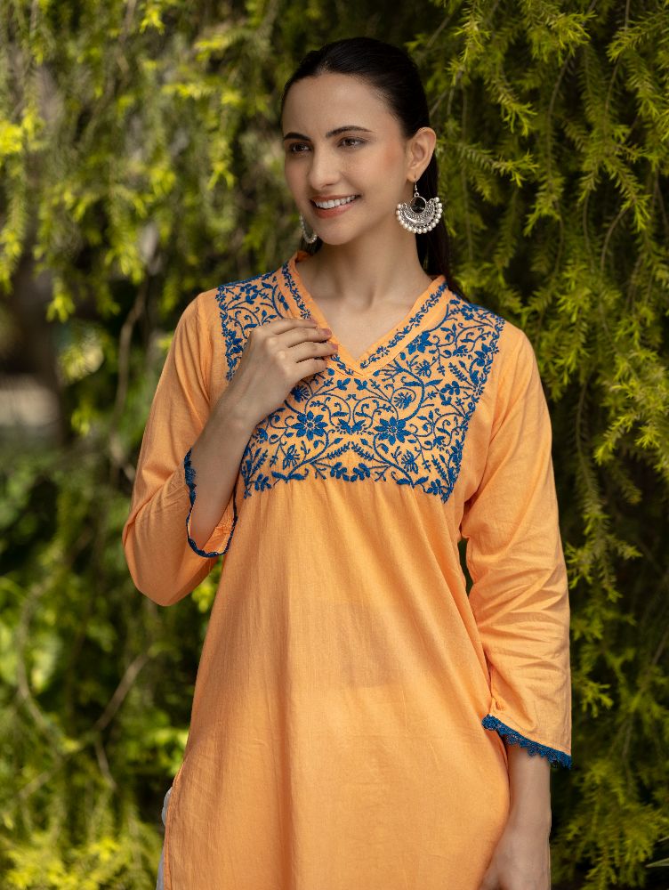 Gharana India Mul Cotton Blush Orange Kurta With Fine Chikankari In Blue Thread | Swadesiicart