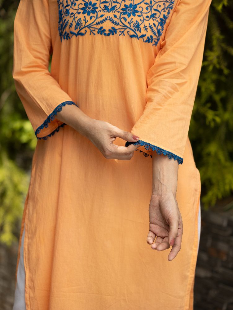 Gharana India Mul Cotton Blush Orange Kurta With Fine Chikankari In Blue Thread | Swadesiicart