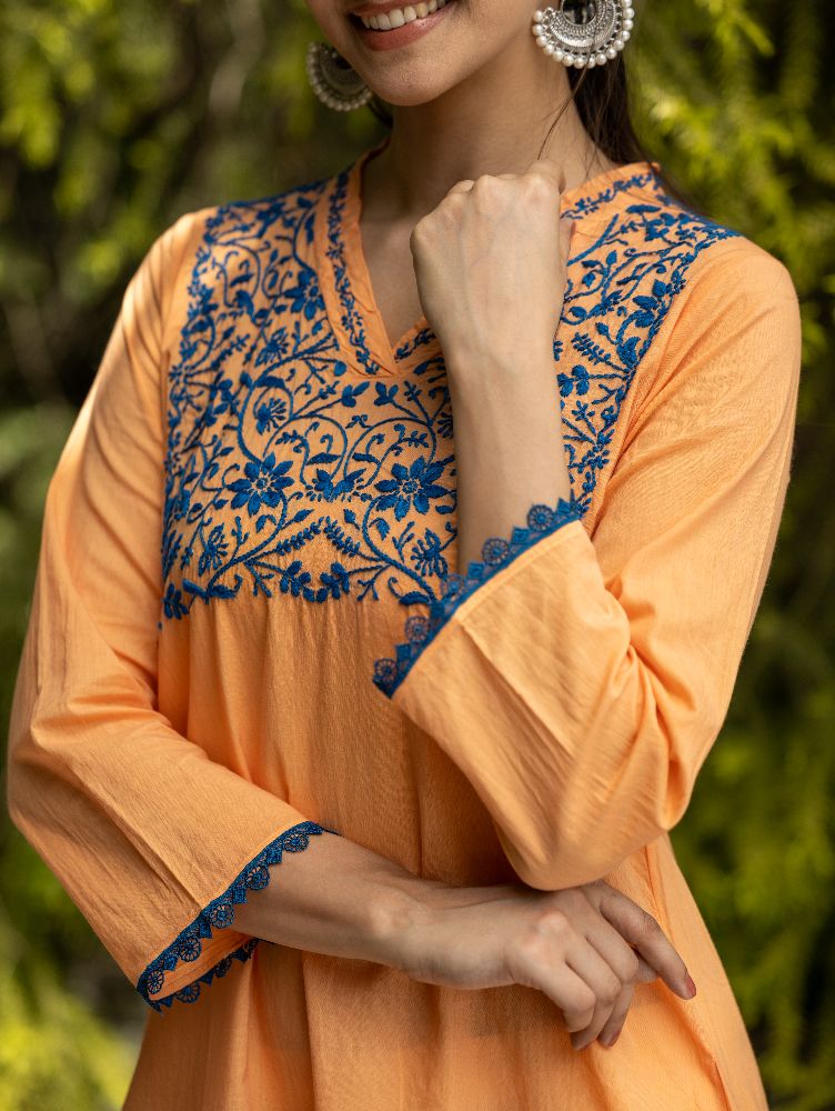 Gharana India Mul Cotton Blush Orange Kurta With Fine Chikankari In Blue Thread | Swadesiicart