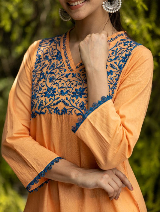 Gharana India Mul Cotton Blush Orange Kurta With Fine Chikankari In Blue Thread | Swadesiicart