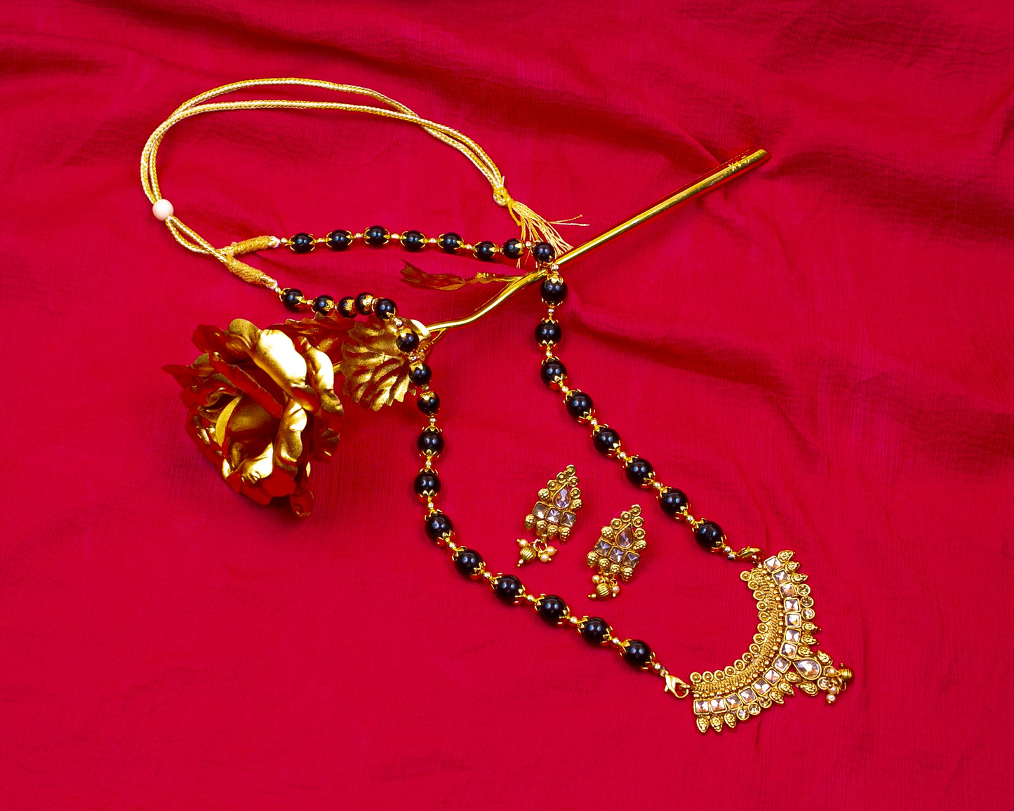 Gold-Polished Alloy Black Beaded Necklace Set - The Pari - Swadesiicart