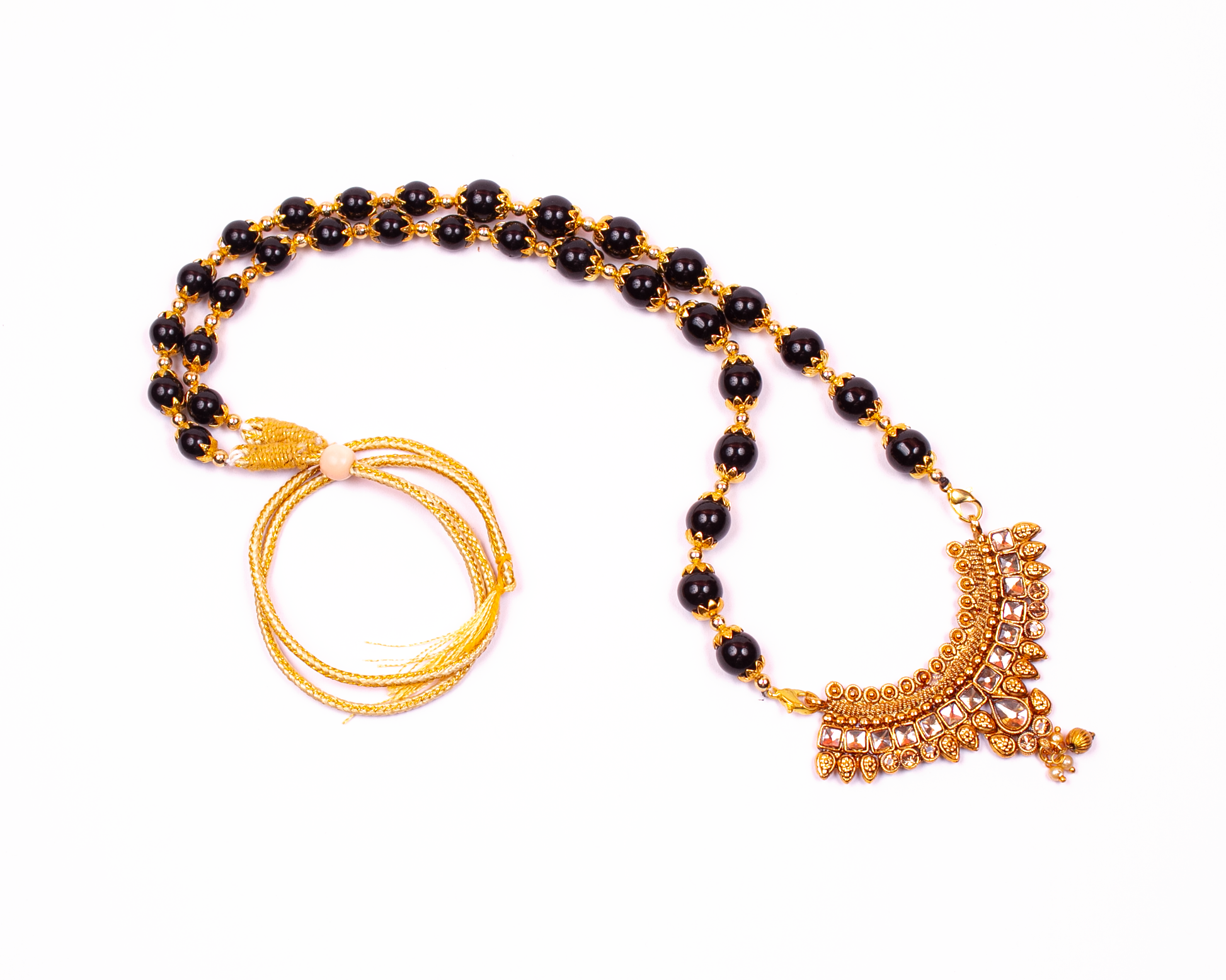 Gold-Polished Alloy Black Beaded Necklace Set - The Pari - Swadesiicart