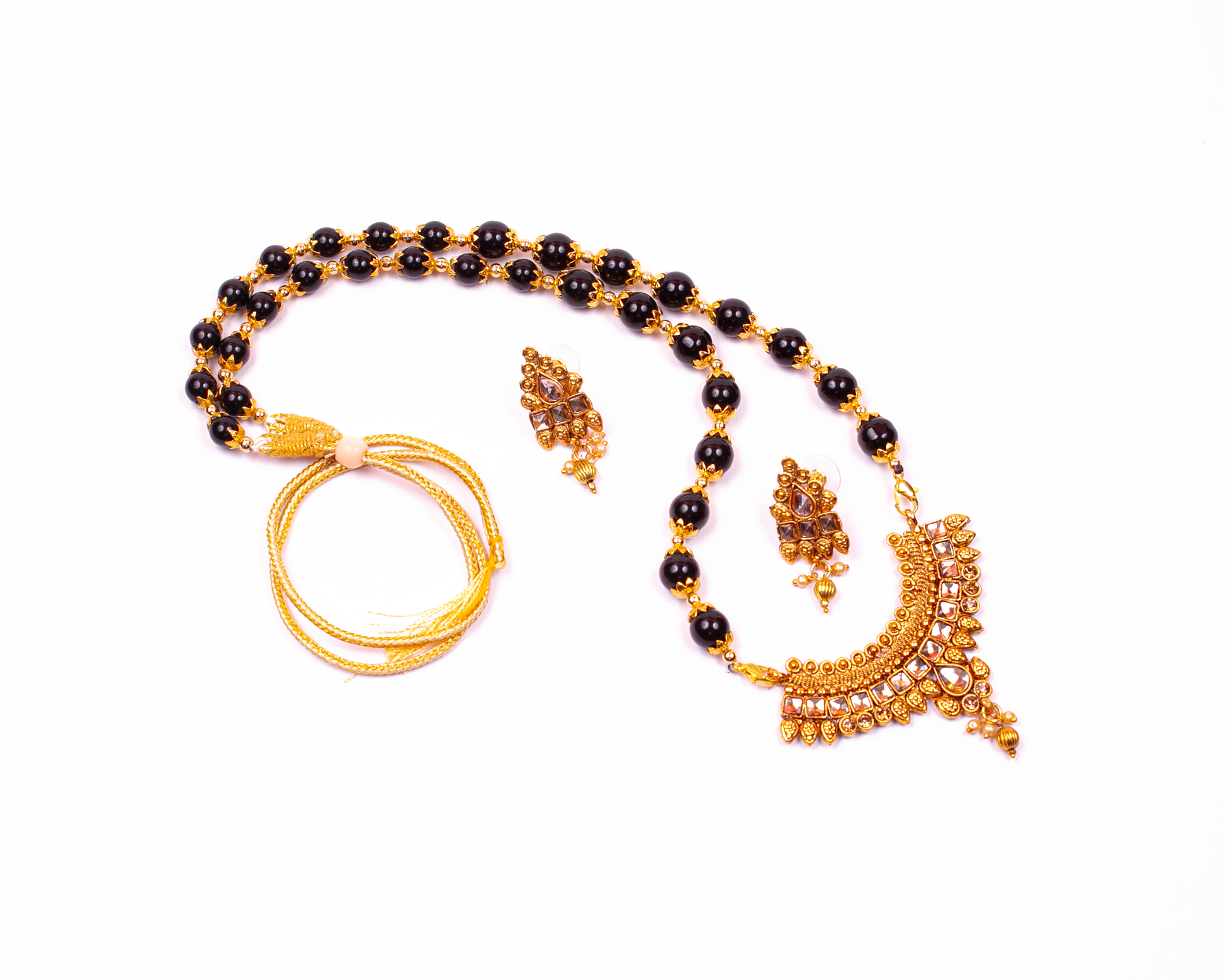 Gold-Polished Alloy Black Beaded Necklace Set - The Pari - The Pari - Dinesh Associates