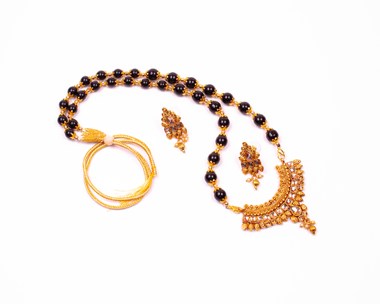 Gold-Polished Alloy Black Beaded Necklace Set - The Pari - The Pari - Dinesh Associates
