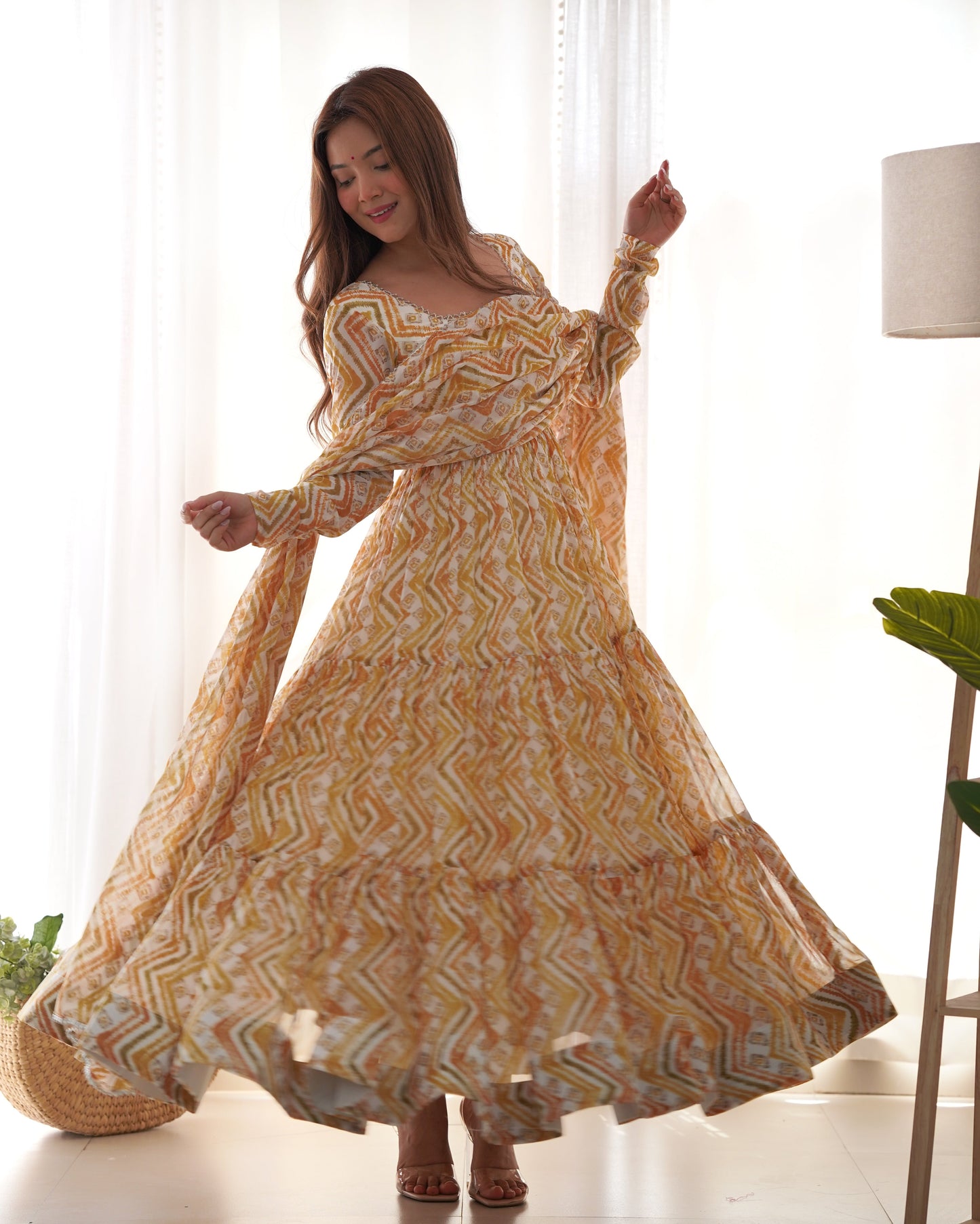 Lorenvalley Fashion Yellow Pure Faux Georgette Zigzag Print Fully Flair Anarkali Pant With Dupatta - Yellow - Swadesiicart