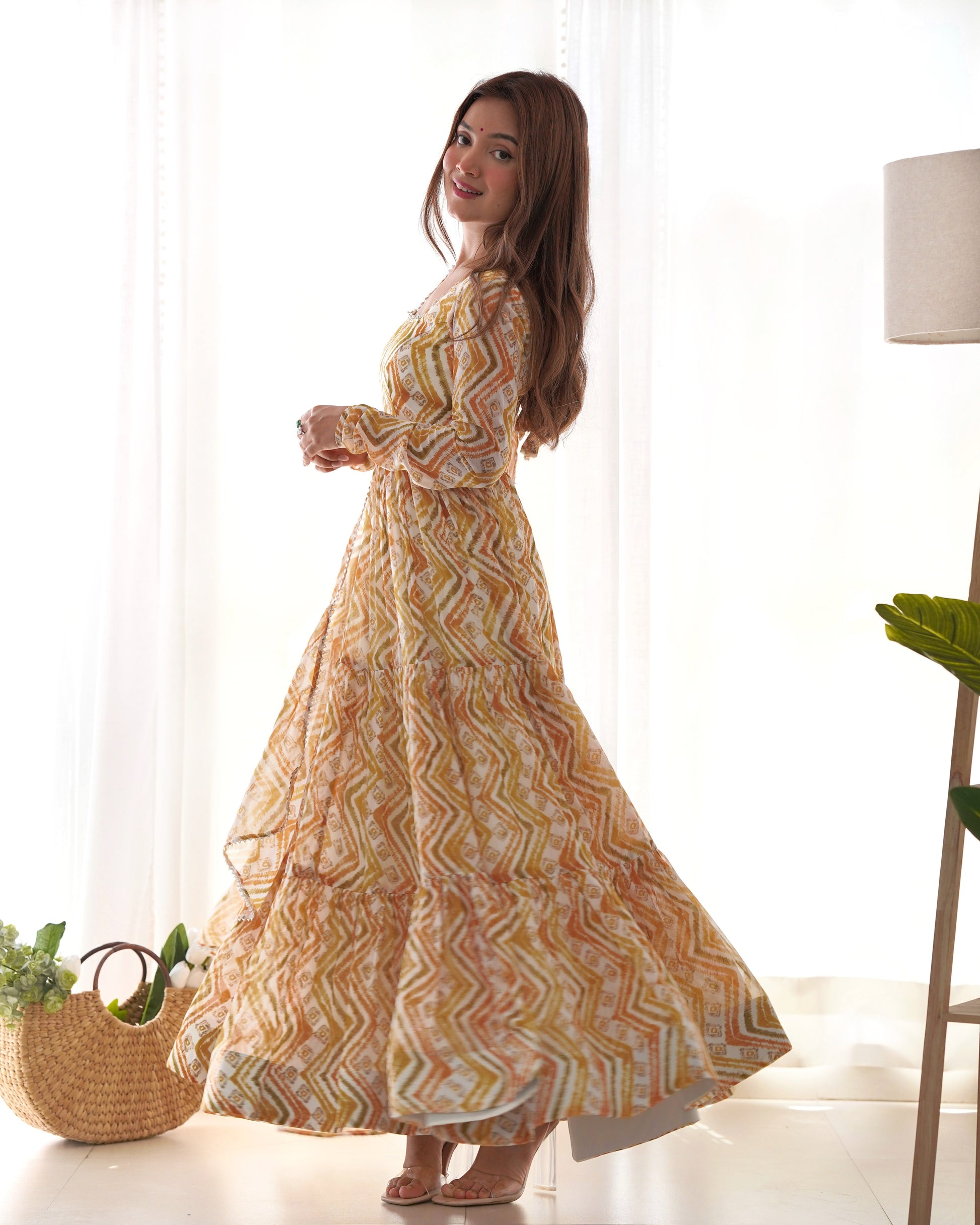 Lorenvalley Fashion Yellow Pure Faux Georgette Zigzag Print Fully Flair Anarkali Pant With Dupatta - Yellow - Swadesiicart