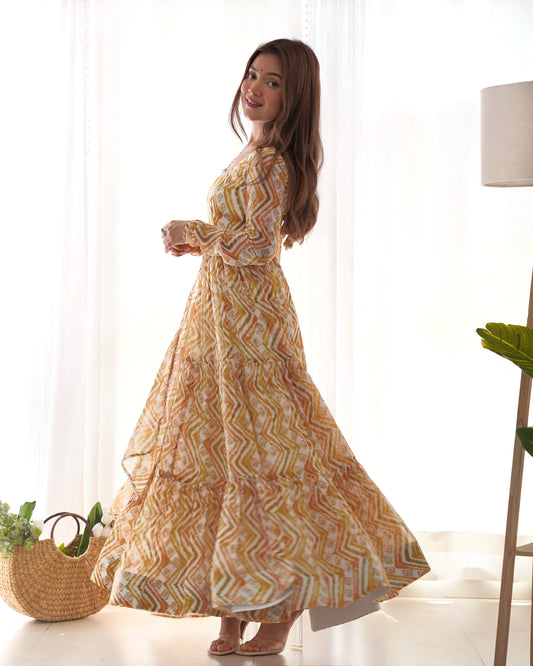 Lorenvalley Fashion Yellow Pure Faux Georgette Zigzag Print Fully Flair Anarkali Pant With Dupatta - Yellow - Swadesiicart