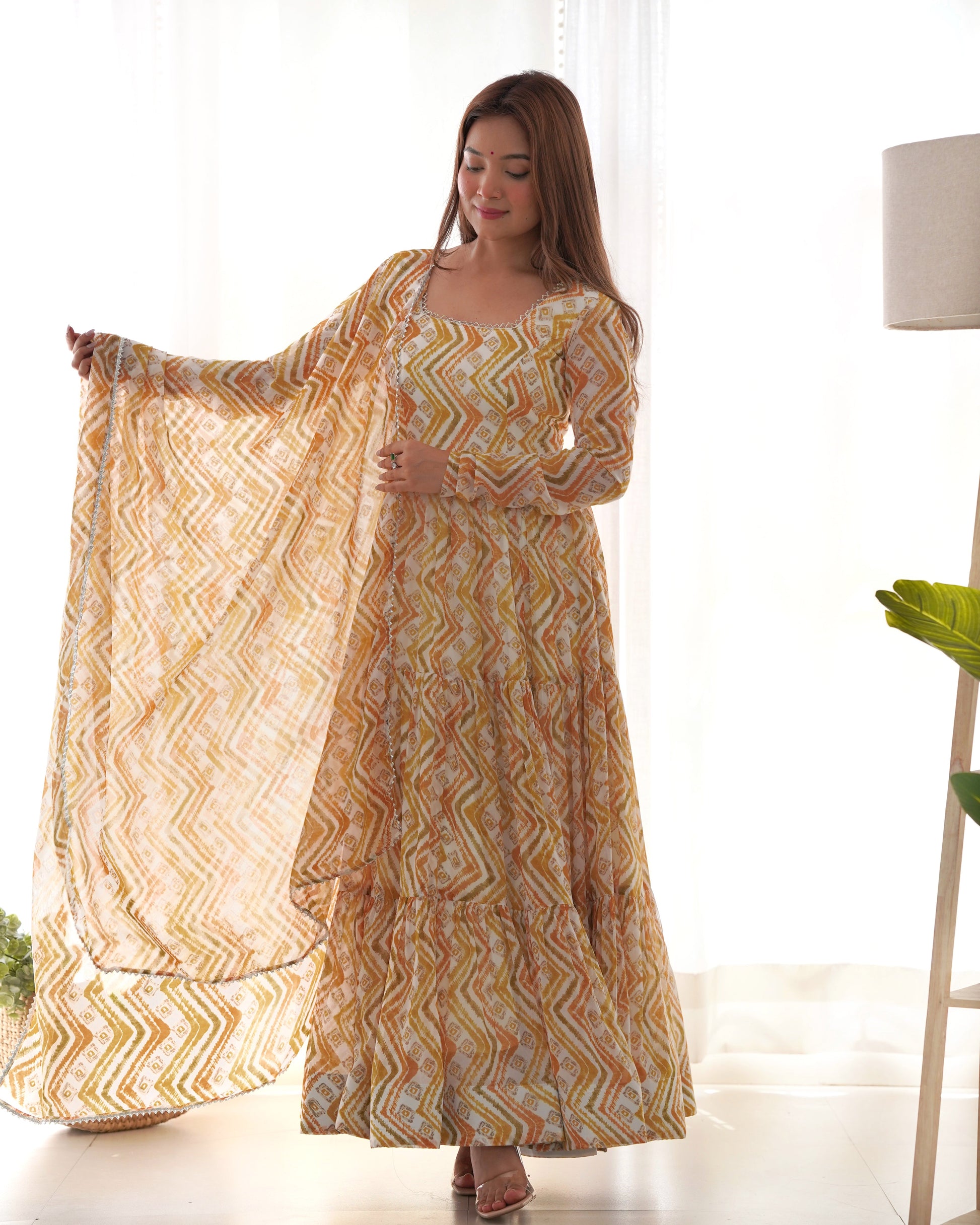 Lorenvalley Fashion Yellow Pure Faux Georgette Zigzag Print Fully Flair Anarkali Pant With Dupatta - Yellow - Swadesiicart