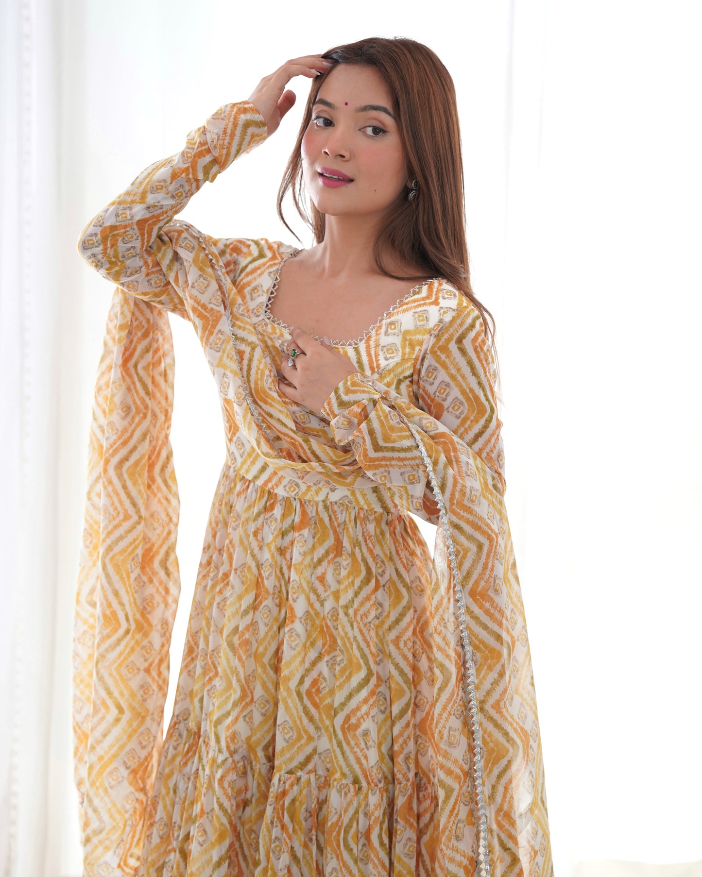 Lorenvalley Fashion Yellow Pure Faux Georgette Zigzag Print Fully Flair Anarkali Pant With Dupatta - Yellow - Swadesiicart