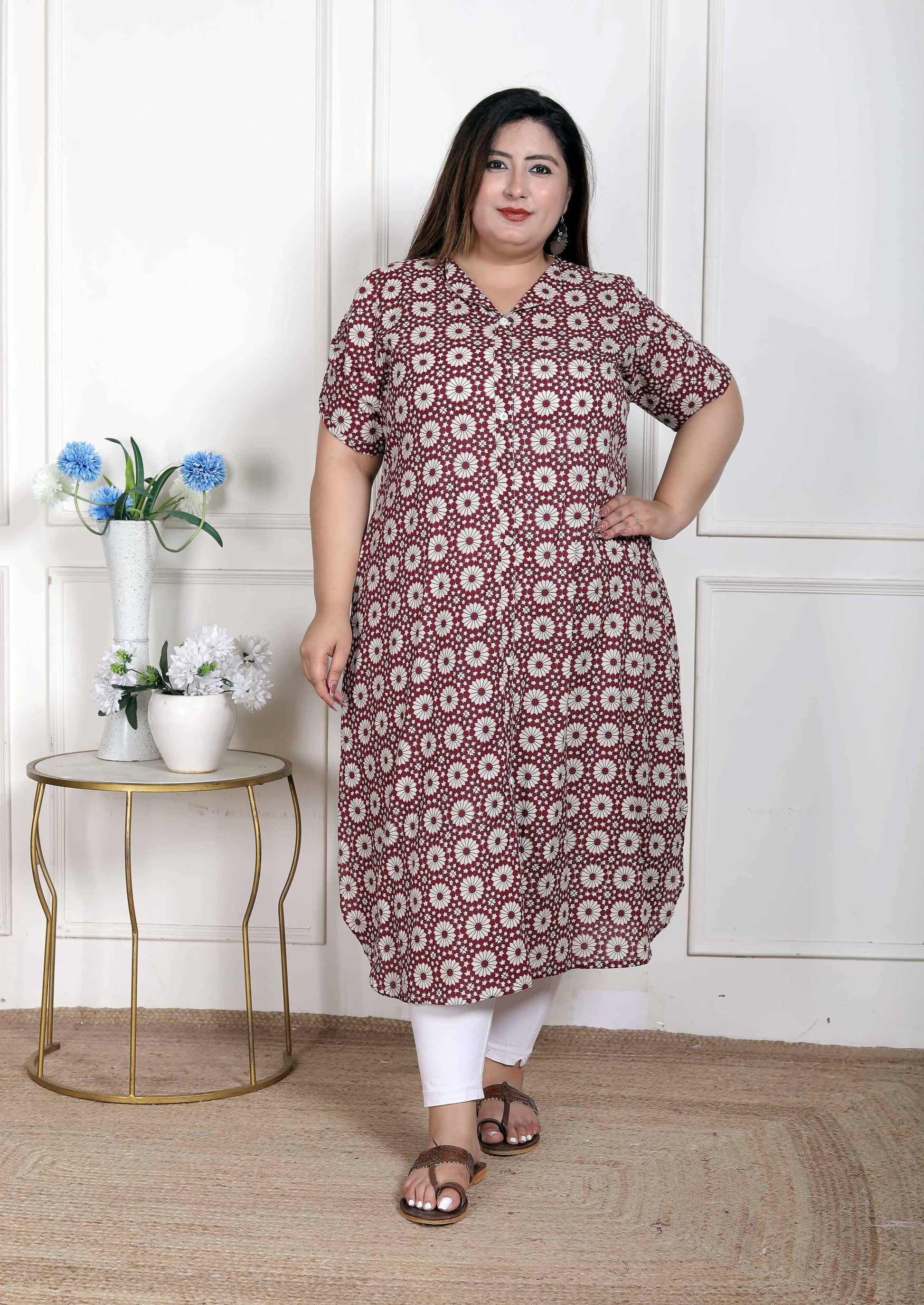 Miravan Women's Plus Size Cotton Floral Printed Cream A-Line Kurta with Buttons - Swadesiicart