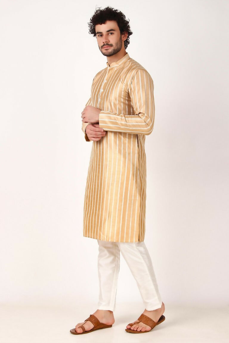 Brown Art Silk Woven Designer Men's Rajwadi Kurta Set - Mahotsav