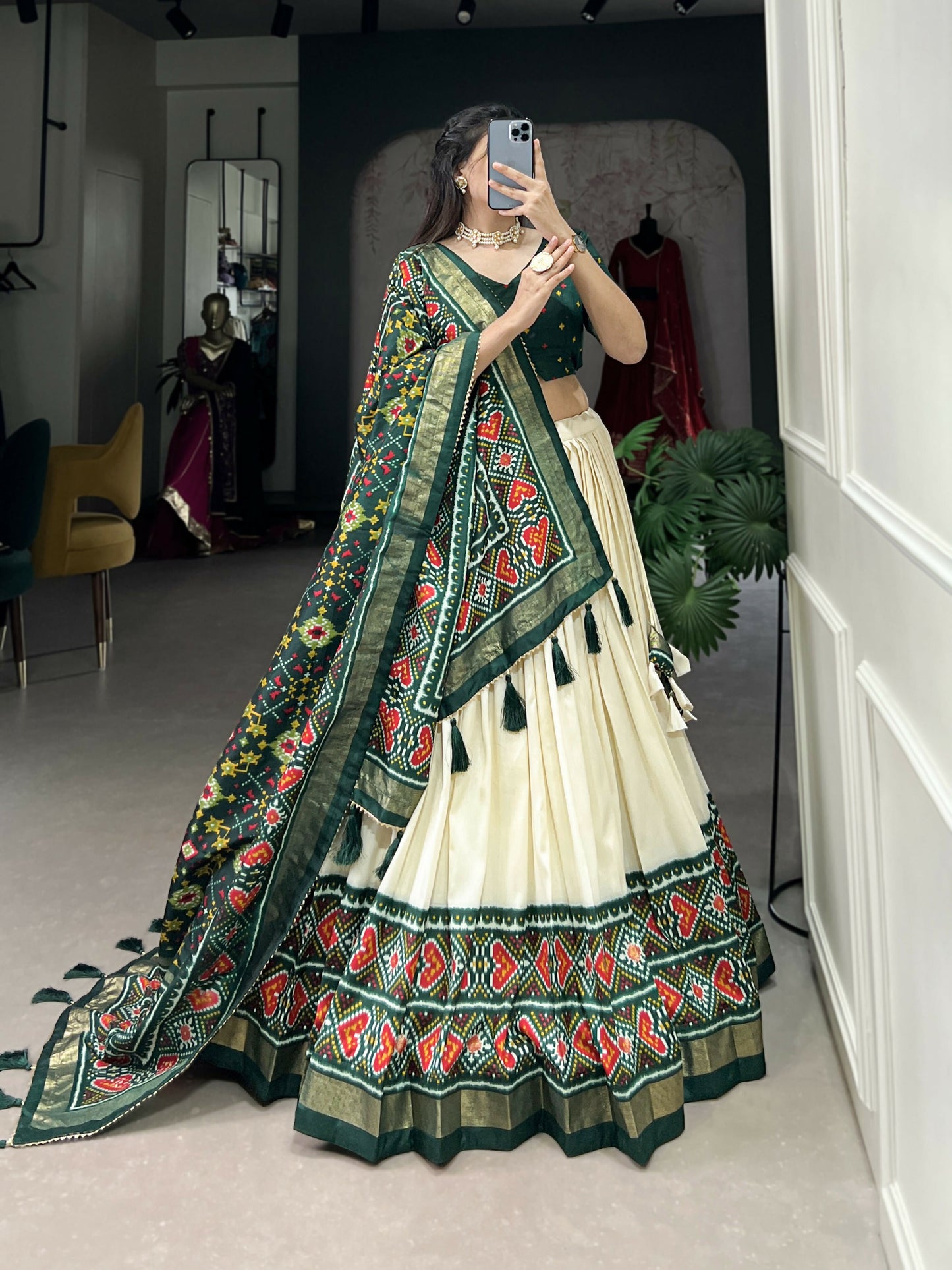 Lorenvalley Offwhite and Green Tussar Silk Patola Print Lehenga Choli | Swadesiicart