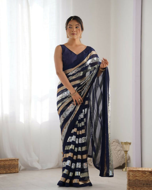 Blue Georgette Sequance Embroidery Work Border Saree - Sitare