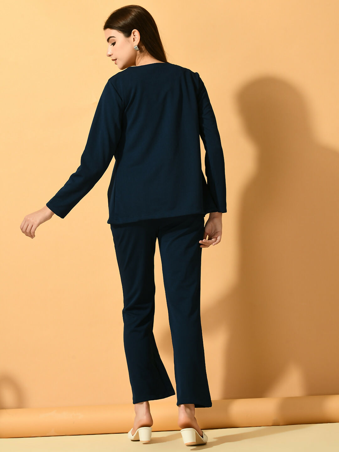 Myshka Women's Navy Blue Solid Coat With Trousers - Swadesiicart