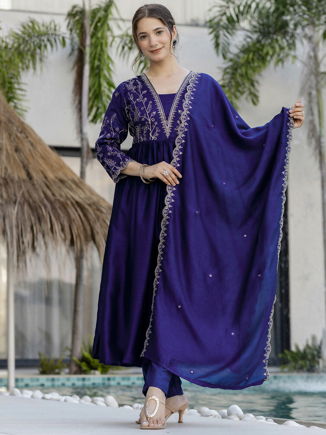 The52 Blue Women's Beautiful Embroidered Vichitra Silk Fabric with Flared Kurta, Pant and Dupatta Set - Swadesiicart