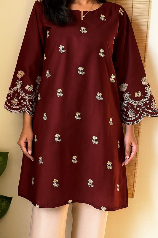 SDF Trending Short length Maroon Kurti with Embroidery Work - Swadesiicart