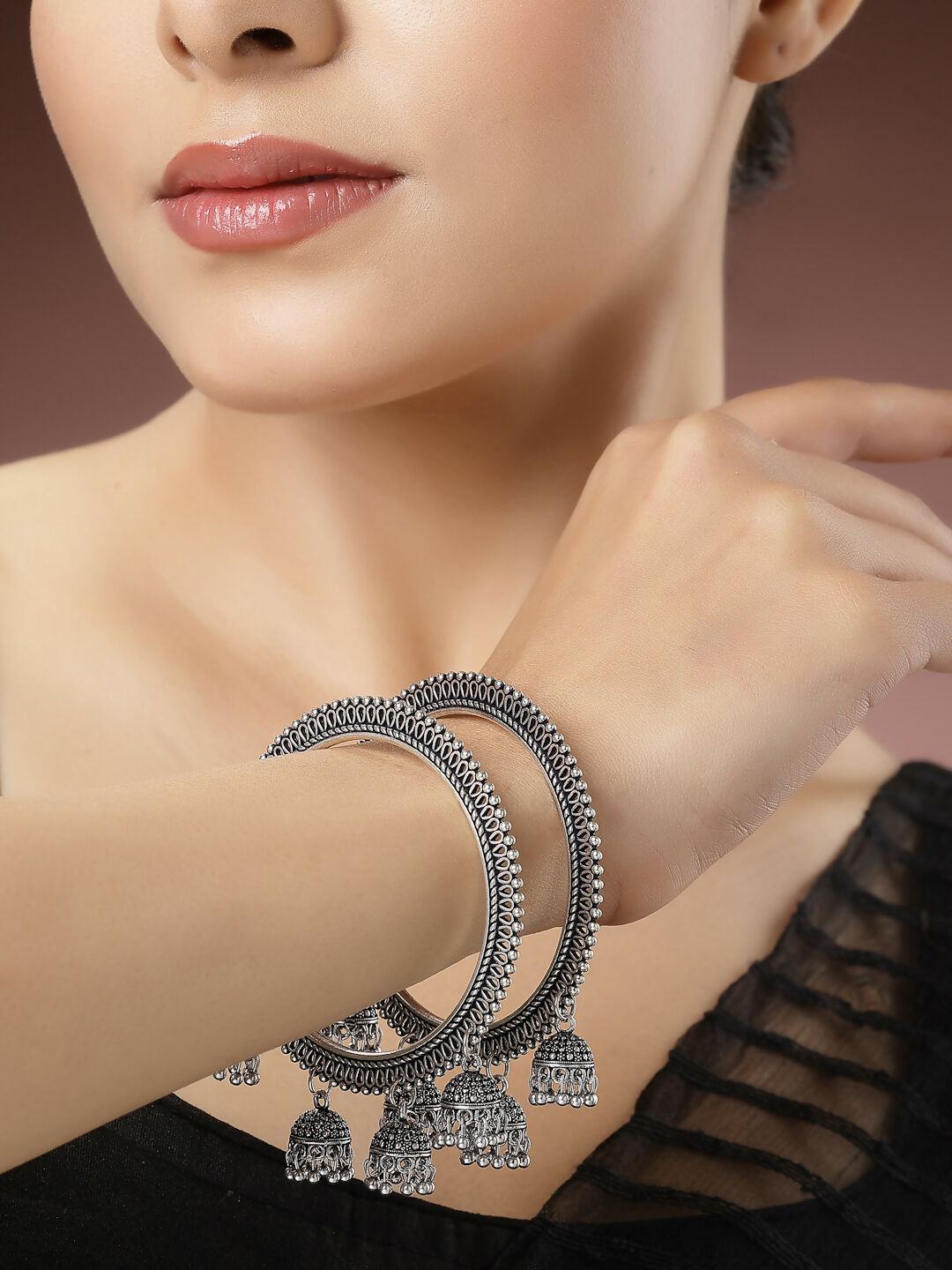 NVR Women's Set of 2 Silver-Toned German Silver Oxidised Bangle - NR Retail-NVR