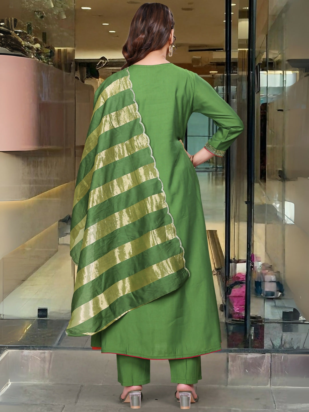 The52 Light Green Women's Gorgeous Embroidered Work Chanderi Fabric Flared Kurta Pant and Dupatta Set - Swadesiicart