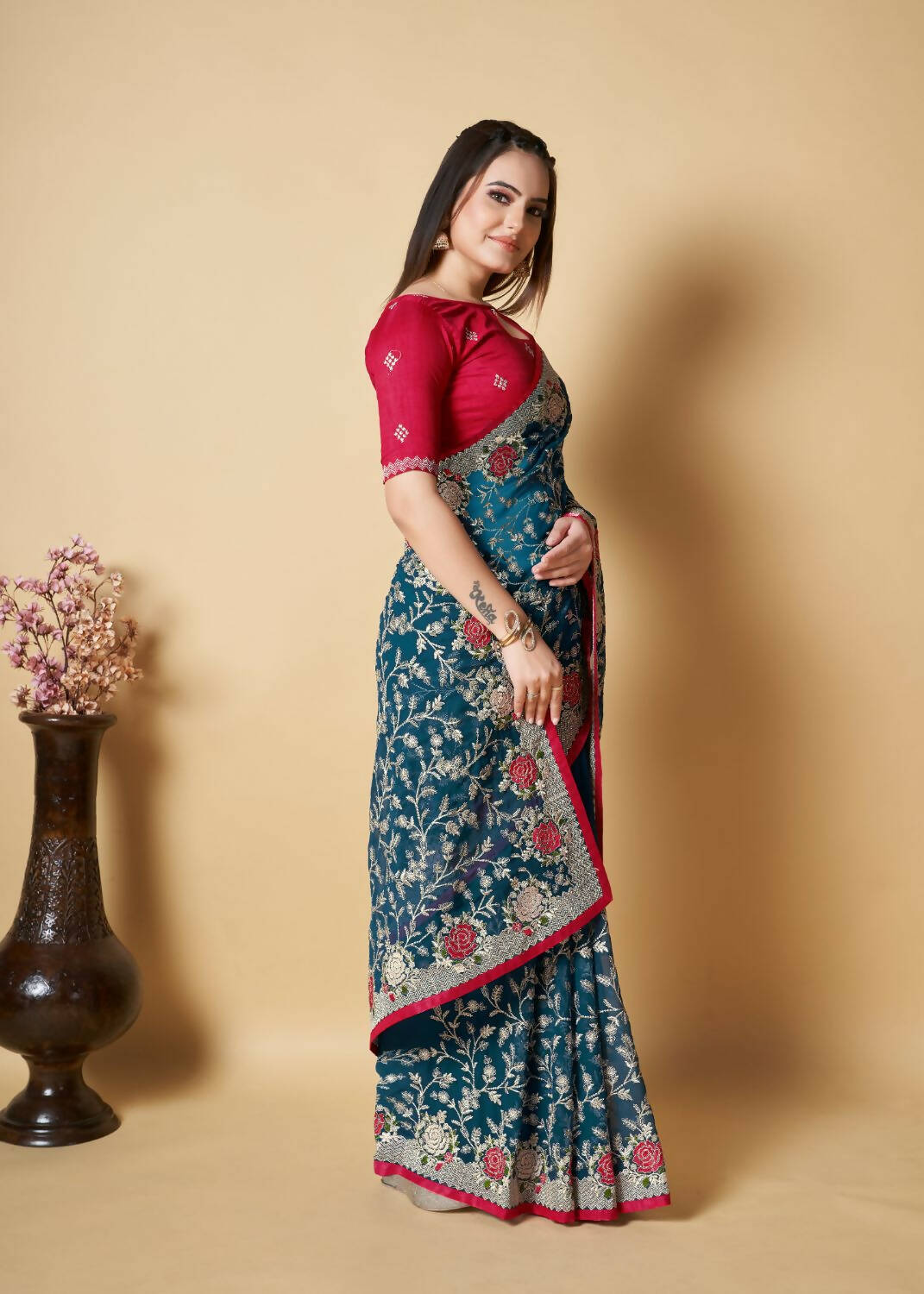 Vamsee Teal Organza Saree - Swadesiicart
