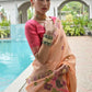Vishnu Weaves Women's Peach Muga Cotton Thread Weaving Saree with Blouse - Swadesiicart