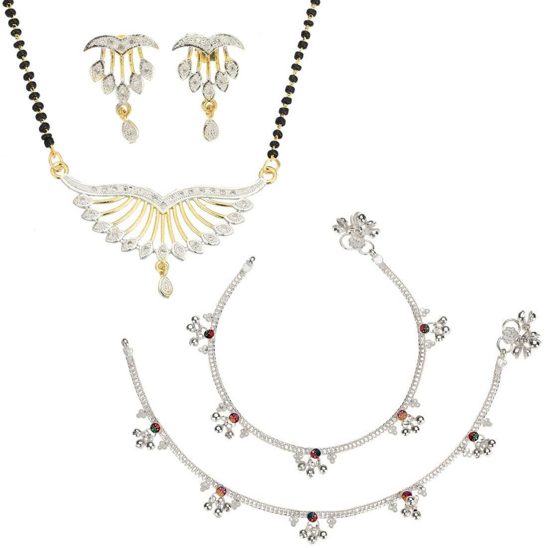 AanyaCentric Gold-Polished Mangalsutra Pendant Earring Set & Silver Plated Anklet - AanyaCentric