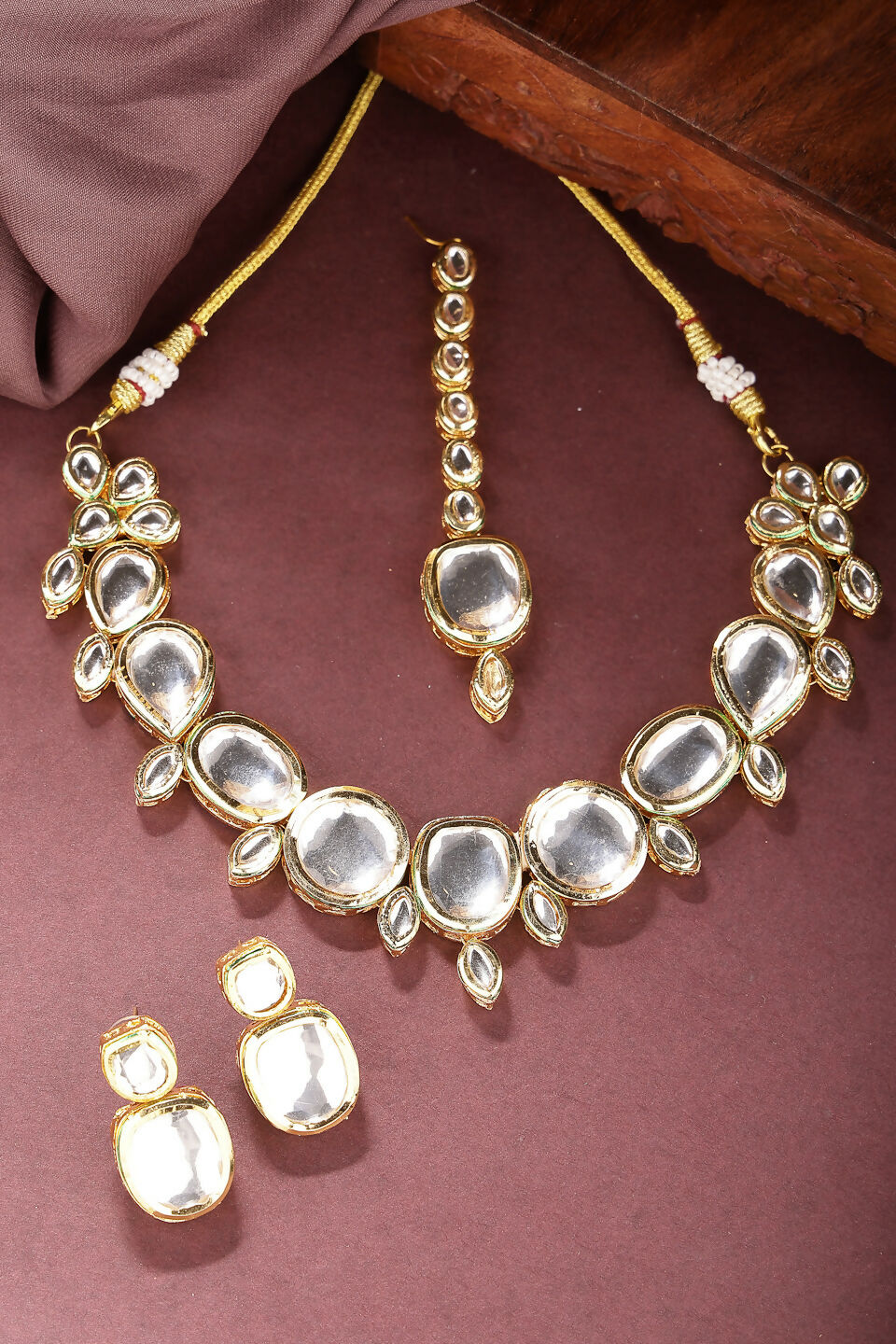 NVR Women's Gold Kundan-Studded Necklace and Earrings with Mang Tikka - Swadesiicart