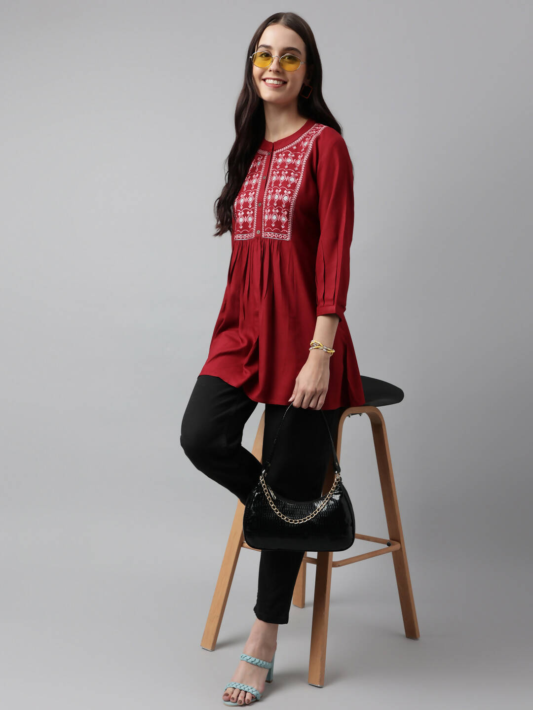 Red Rayon Yoke Embroidered A-line Top - Tarini - Swadesiicart